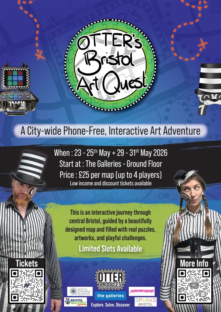 A poster for OTTERs Bristol Art Quest. An interactive cross city interactive art quest with a scavenger hunt treasure map